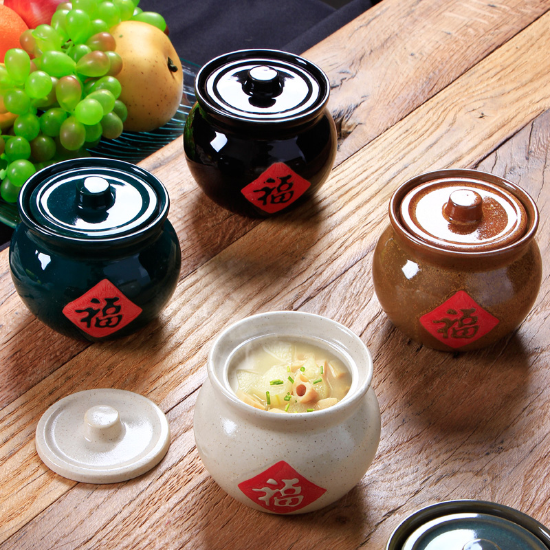 复古陶瓷福字罐中式粗陶可爱调料罐油盐糖辣椒罐 汤盅炖盅陶瓷罐