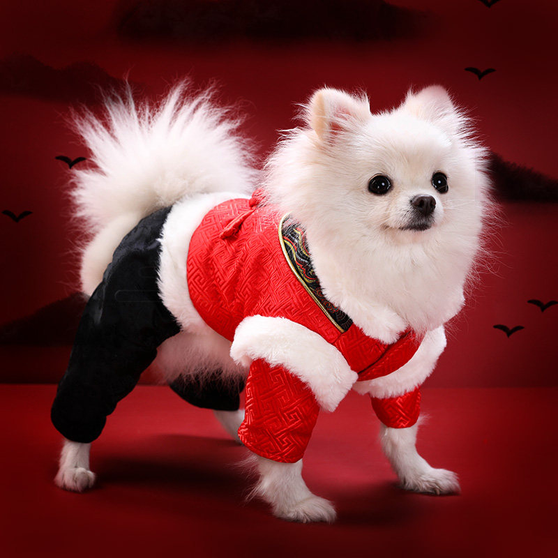 一折狗狗新年衣服冬装拜年 喜庆_新年唐装秋冬小狗博美泰迪拜年四脚