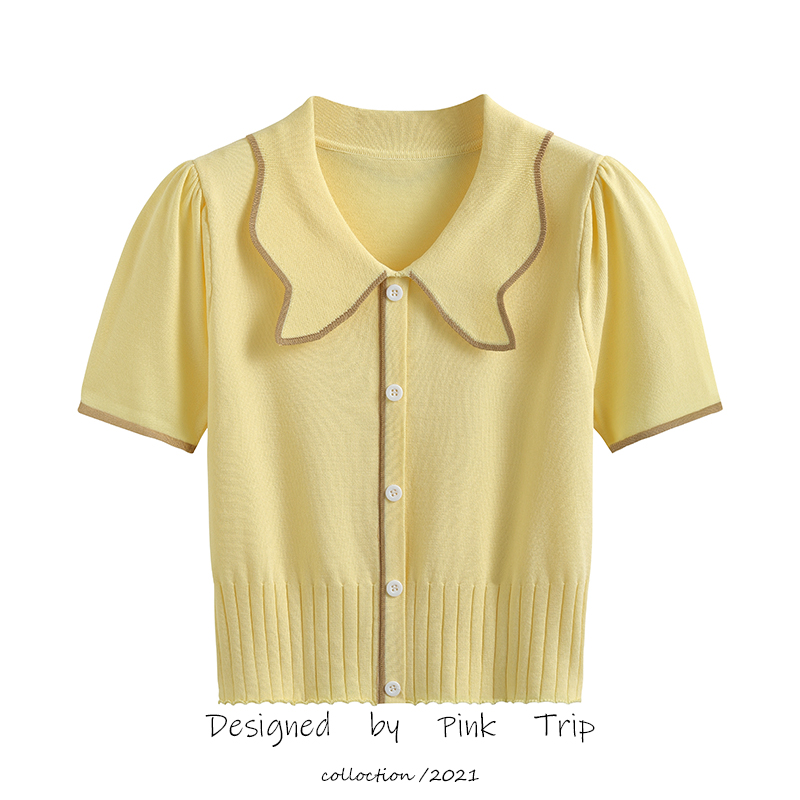 娃娃领短袖T恤女夏新款复古翻领泡泡袖短款针织衫收腰鹅黄色上衣