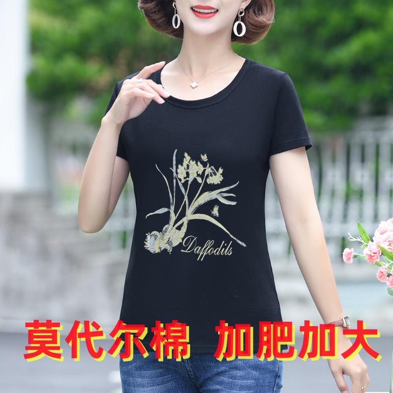 夏中老年女短袖打底妈妈装宽松加大码婆婆衫印花圆领莫代尔棉T恤