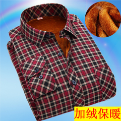 秋冬季保暖衬衫男加绒加厚长袖磨毛小格子衬衣红色中老年爸爸寸衫