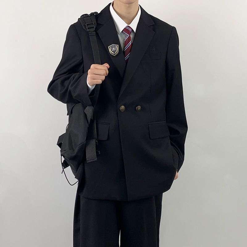 木村叔dk原创日系制服单排扣黑色西服套装男士双开叉西装西裤外套