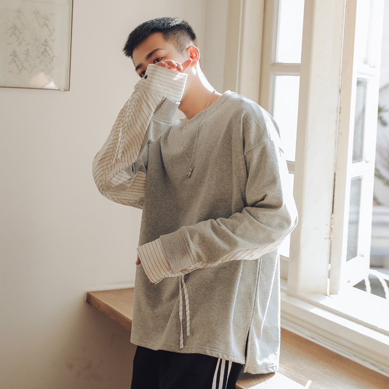 假两件套男衬衫领_春季学院风衬衫袖口拼接假两件圆领卫衣男士潮牌
