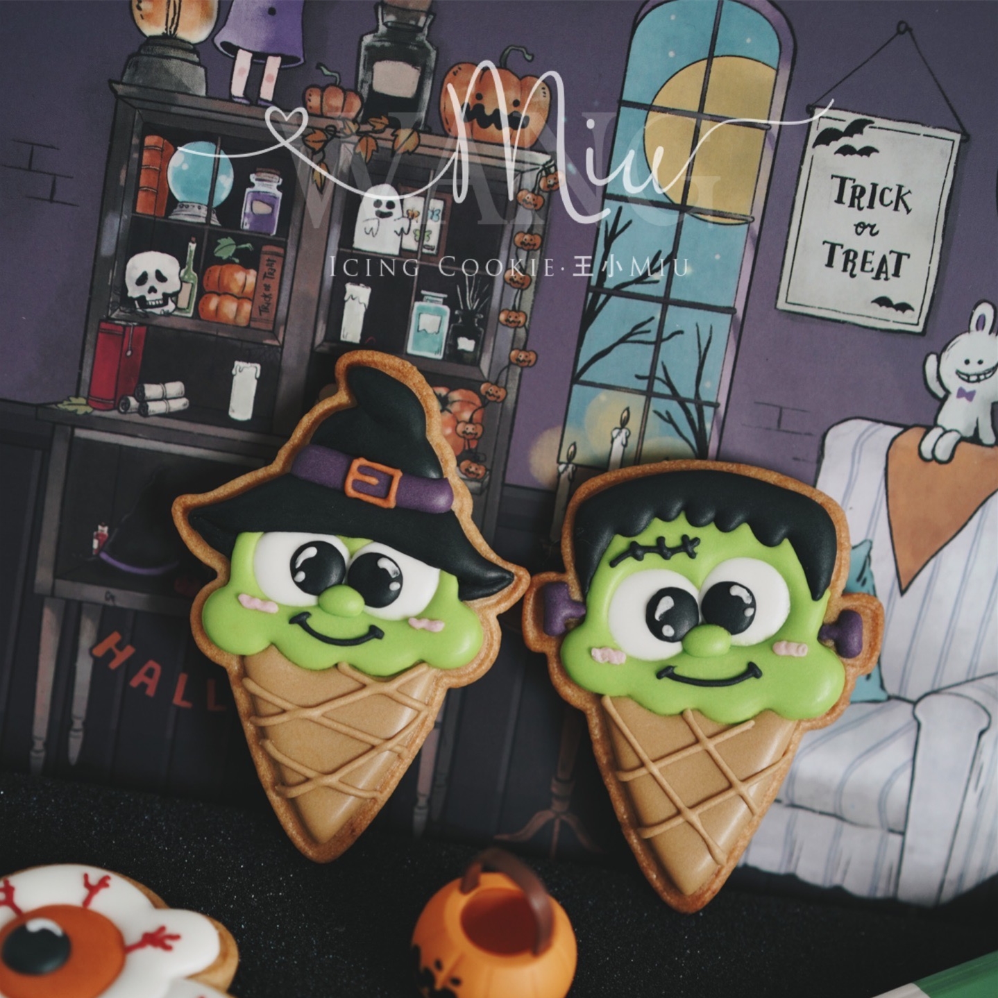 【视频教程】王小miu老师新款万圣怪兽卡通冰淇淋甜筒糖霜饼干模