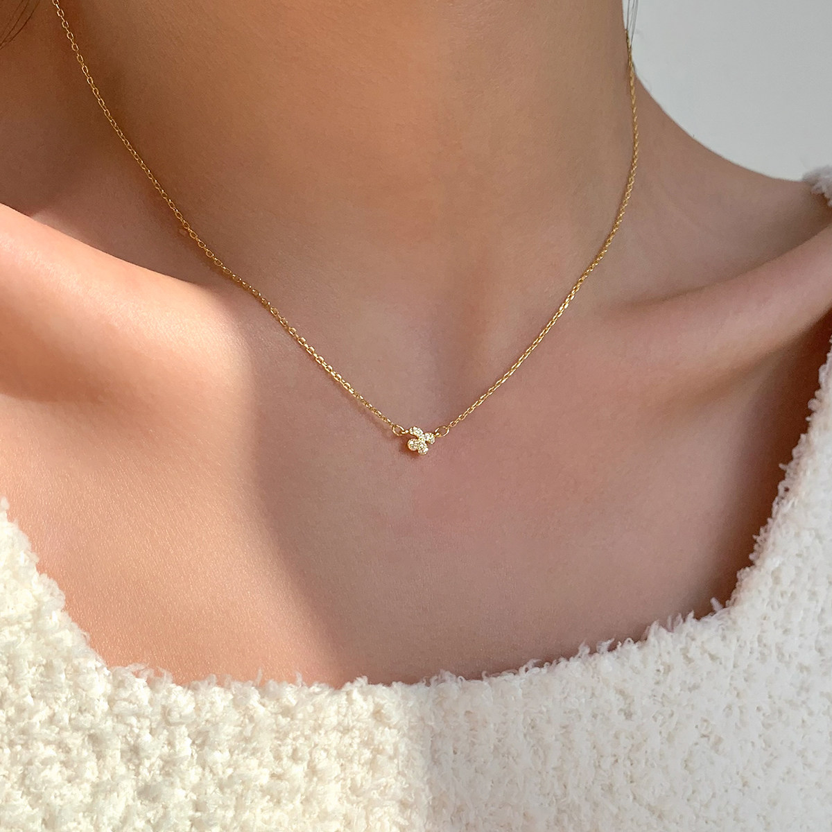 为晚  闪钻四叶草项链女纯银简约女小巧气质甜美森系小众精致颈链