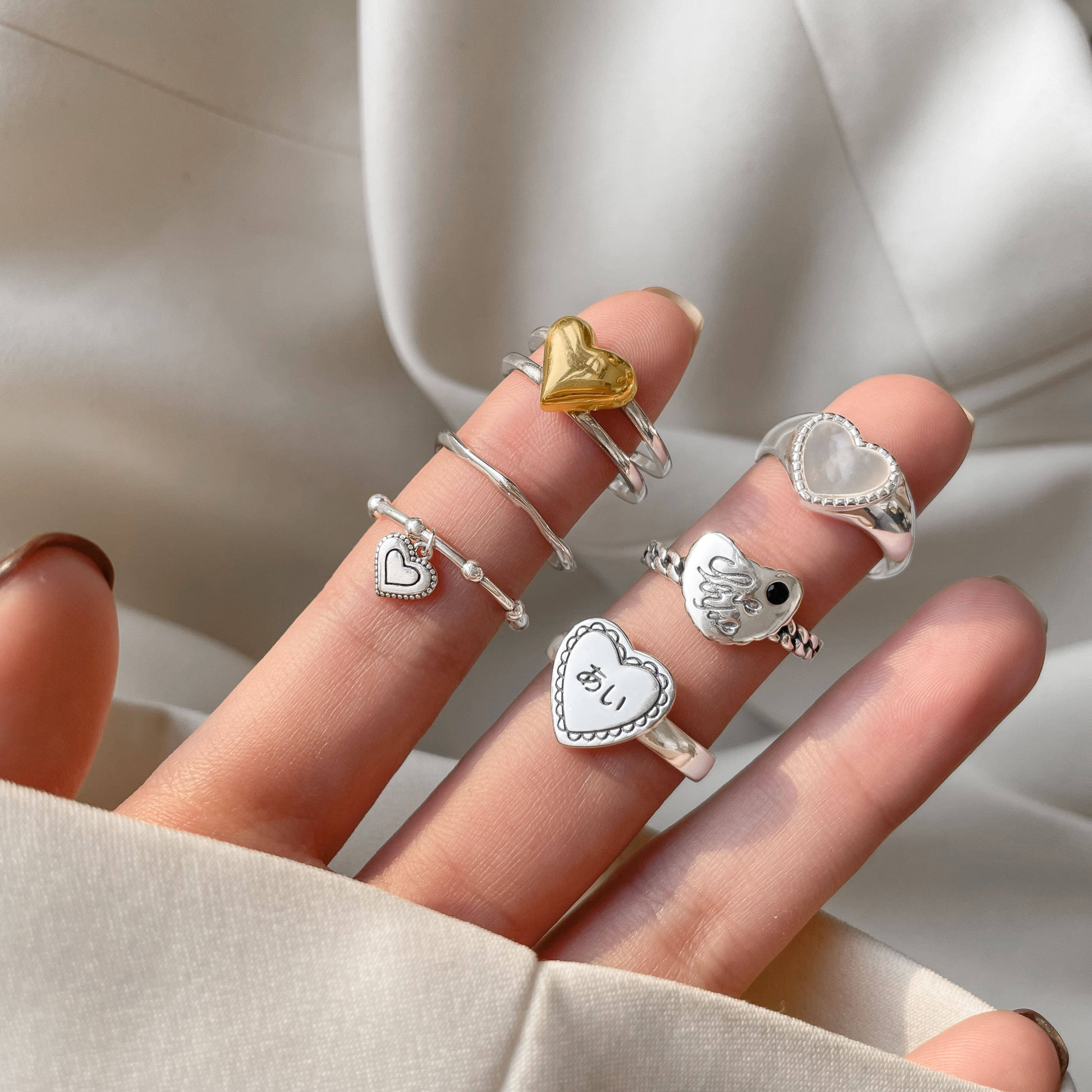 为晚爱心组合戒指女纯银日韩甜美网红时尚ins高级感食指戒学生潮