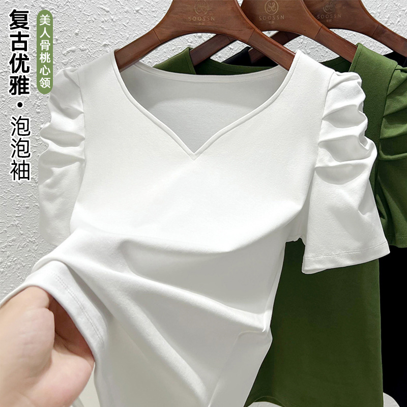 桃心领短袖t恤女夏季2023年新款法式优雅气质上衣泡泡袖白色T恤女