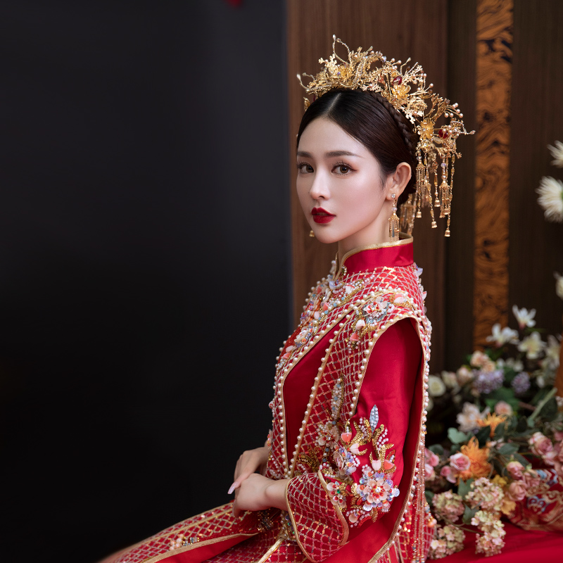 新娘头饰中式金色凤冠前后冠流苏大气古典古风结婚发饰秀禾服饰品