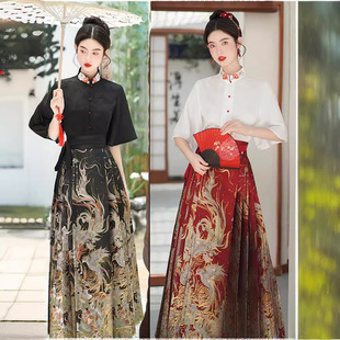 新中式国风织金马面裙红色敬酒服黑色日常提花刺绣喇叭袖衬衫夏款