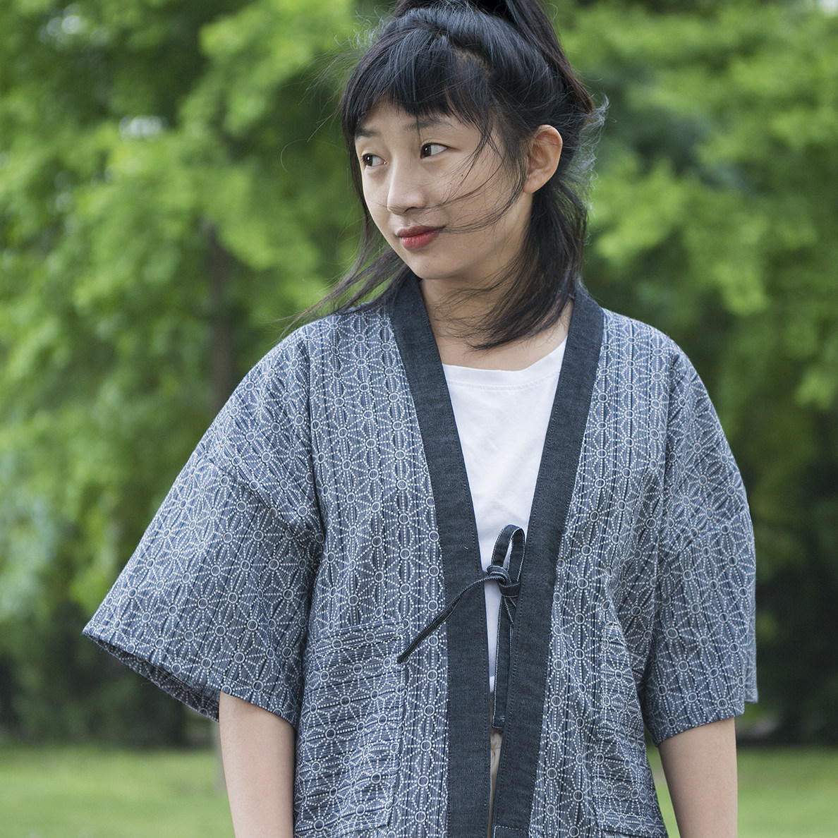 日系和服式外套_丘山和风日式龟背纹短袖港风道袍和服式系带开衫男女