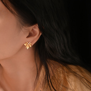 法式复古枫叶耳钉宫廷气质镀金耳钉女s925银针高级设计感耳环