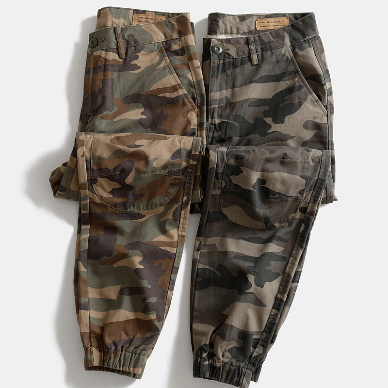 阿美咔叽美式复古户外补丁男士迷彩裤束脚裤休闲宽松工装裤长裤子