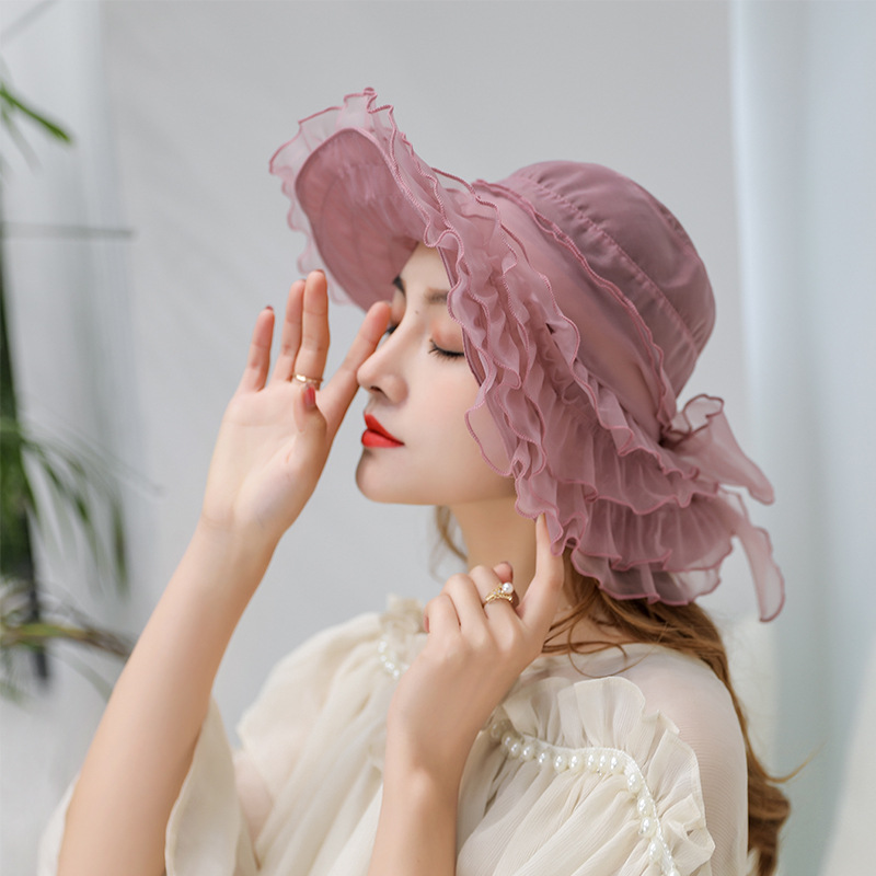 特价蝴蝶结百褶_凉帽女夏薄款韩版百褶波浪花边网纱蝴蝶结大檐防晒