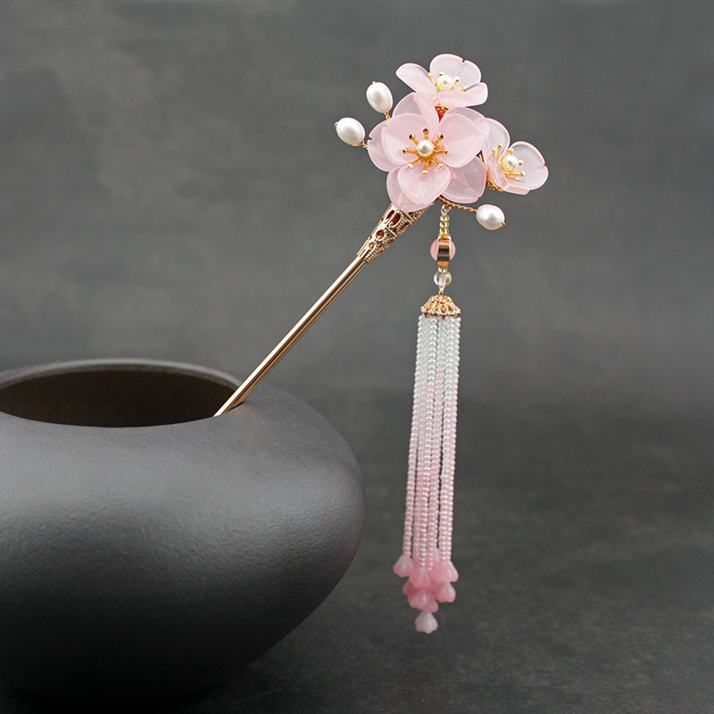 桃花簪 热缩花簪盘发簪子日常古风u型小发钗简约现代点缀发梳古风