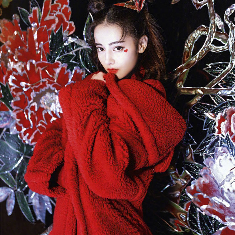 迪丽热巴明星同款新款红色大衣女泰迪绒赫羊毛长款保暖外套女