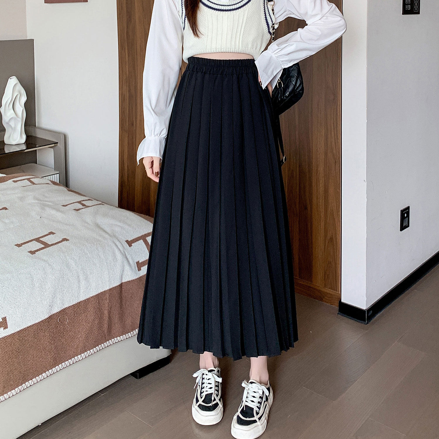 百褶裙加长版高个子西装料高腰复古半身裙女春夏a字长裙伞裙大摆