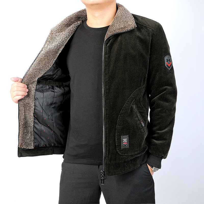 吉普盾新款灯芯绒加厚外套男休闲加绒棉袄纯棉中年夹克衫加绒棉衣