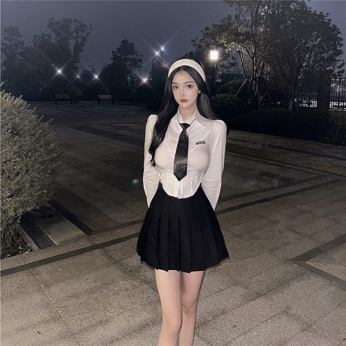 夜场直播衣服领带jk制服甜辣性感显胸长袖白衬衫酒吧蹦迪套装裙子