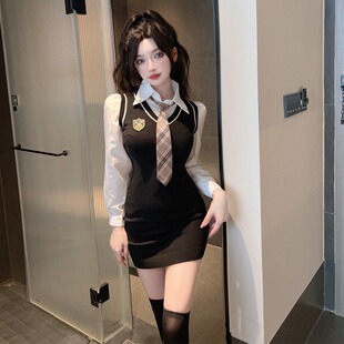 秋季学院风针织背心裙套装女jk制服领带衬衫叠穿两件套包臀连衣裙