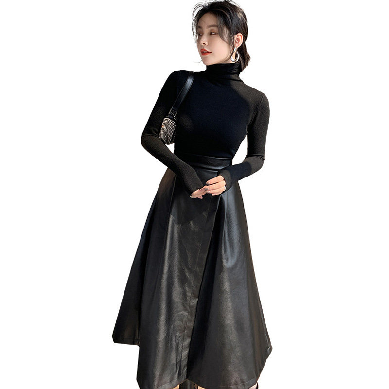 不规则皮裙a字裙高腰显瘦半身裙女气质中长款过膝pu时尚开叉伞裙