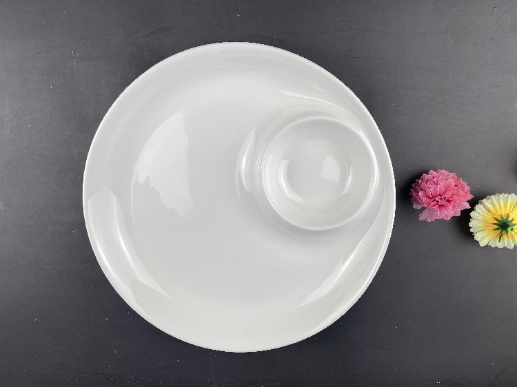 纯白陶瓷圆形欧式子母盘家用带醋碟饺子盘餐厅早餐分格盘定制LOGO