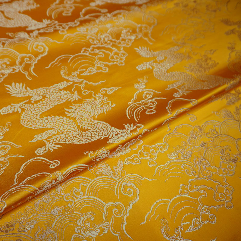 高档金黄色底大龙祥云织锦缎布料 男士云锦丝绸缎子面料