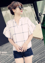 韩版夏装v领棉麻衫宽松格子荷叶边短袖T恤小清新格纹衬衣