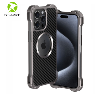 原装R-JUST适用于iPhone15promax金属手机壳轻奢苹果14plus碳纤维保护套镂空散热套13pm防摔个性12p简约商务