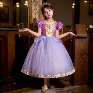 长发公主裙女童夏季短袖六一儿童表演服装乐佩蓬蓬纱裙紫色裙子