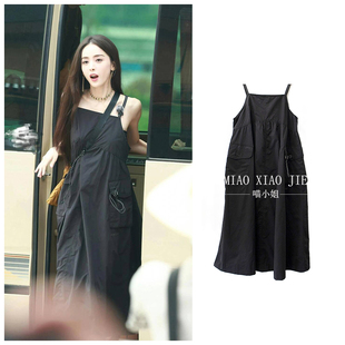古力娜扎同款黑色纯色可调节抽绳收腰设计吊带连衣裙女韩版时尚裙