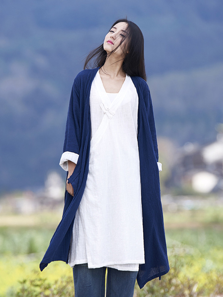 2022秋冬季佛系衣服女棉麻外披复古中长款开衫中国风禅意茶服外套