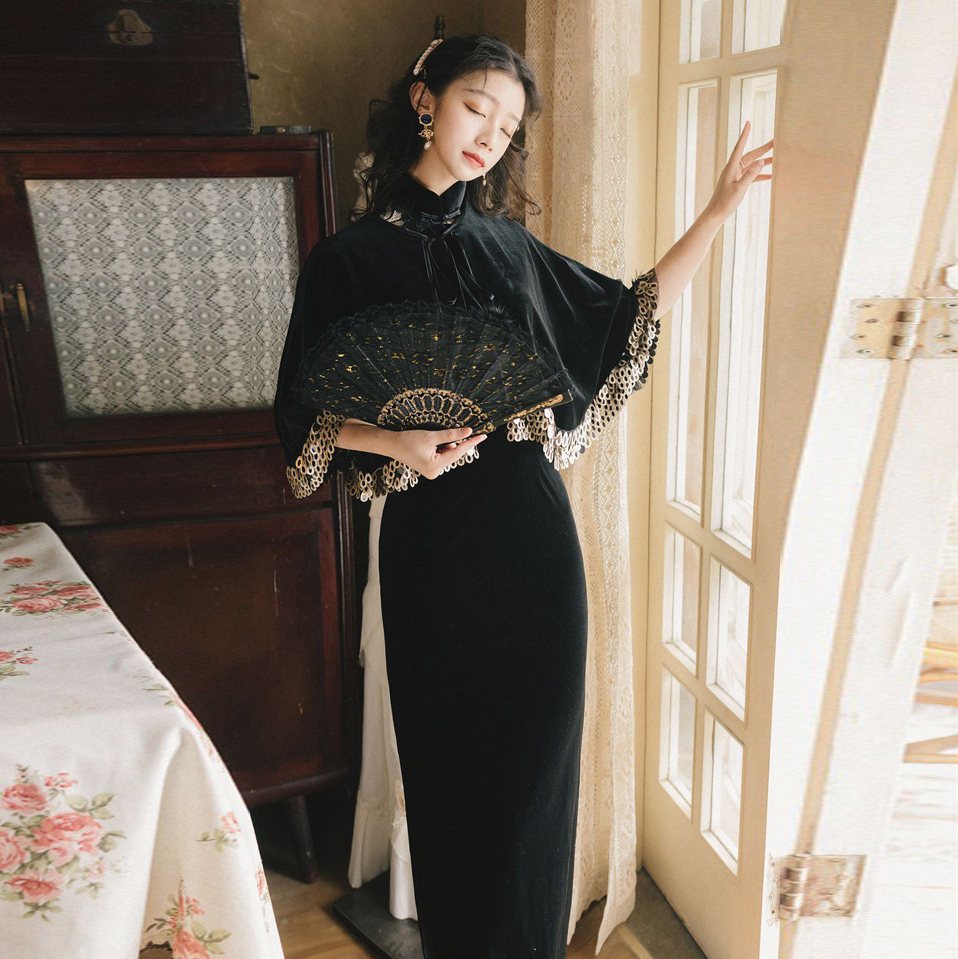 民国时期姨太太夫人服装带披肩的长款旗袍修身中式复古黑色礼服裙