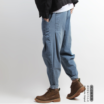 日式街头精工宽松垮裤复古做旧水洗哈伦裤秋冬长裤新款牛仔裤男潮