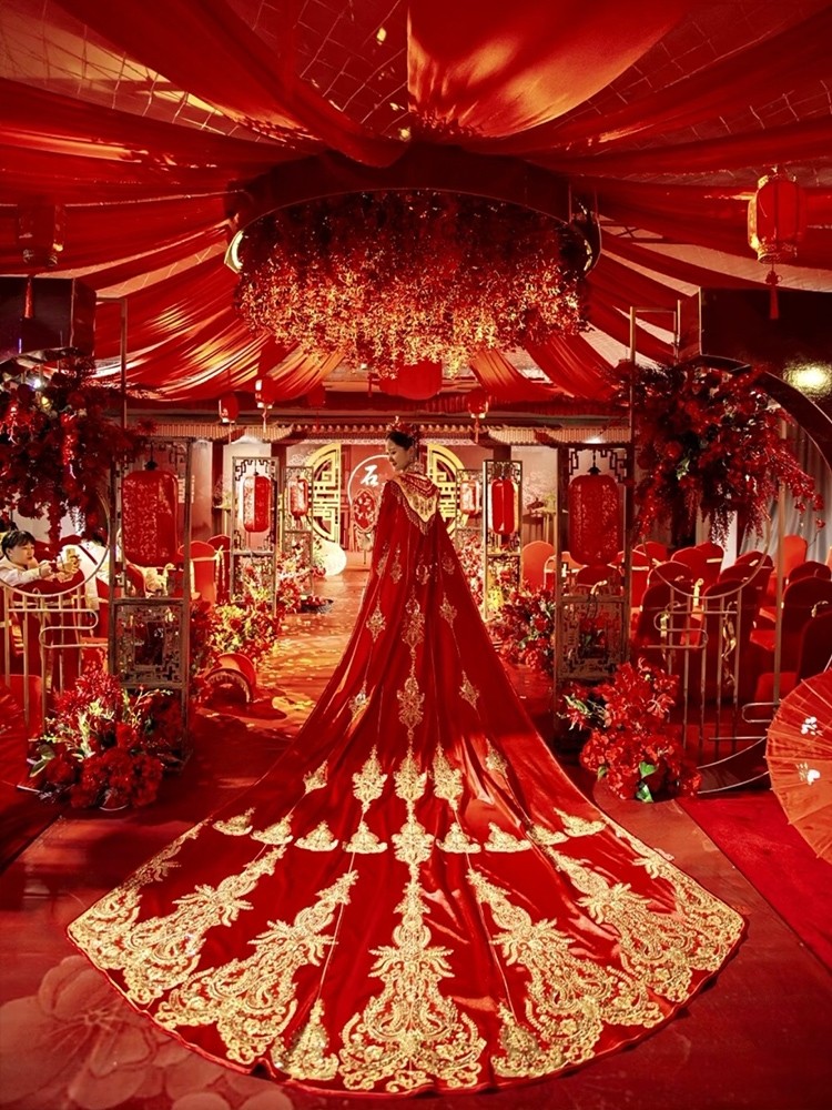 00折后价￥99出租明制汉服婚服中式婚礼结婚凤冠霞帔拖尾大码定制租赁