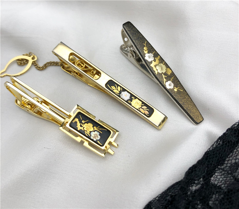 vintage大马士革锻锦术日本象嵌工艺镀金花纹领带夹男女通用