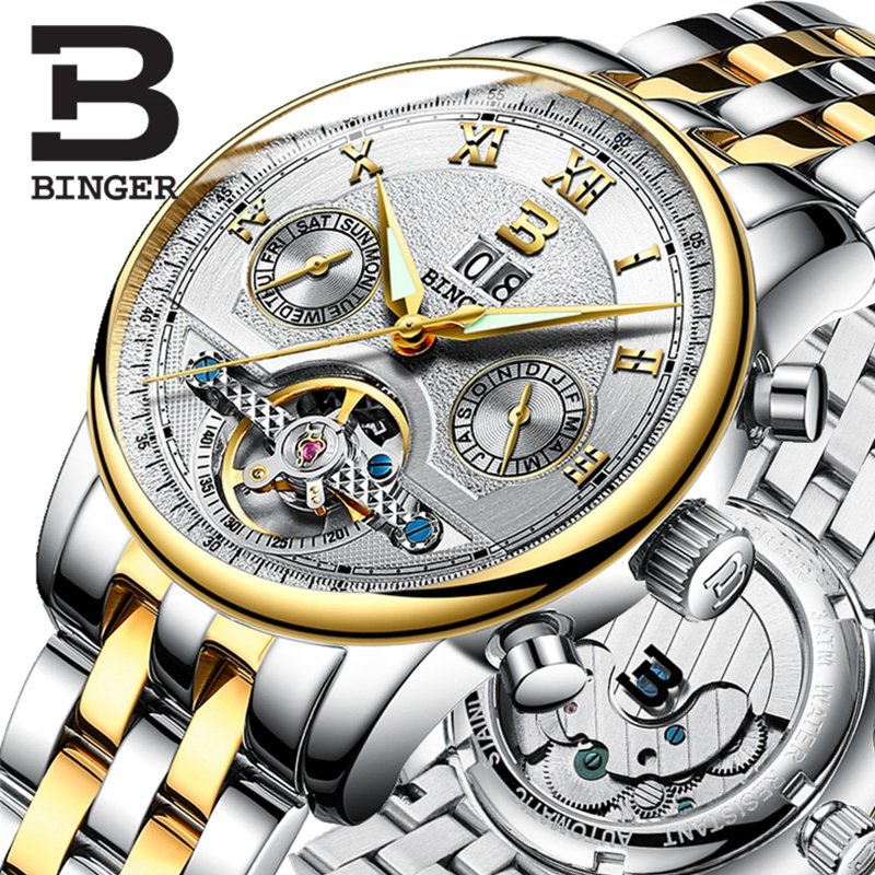 binger/宾格18k金电镀瑞士手表男机械表全自动镂空男表开拓者星耀