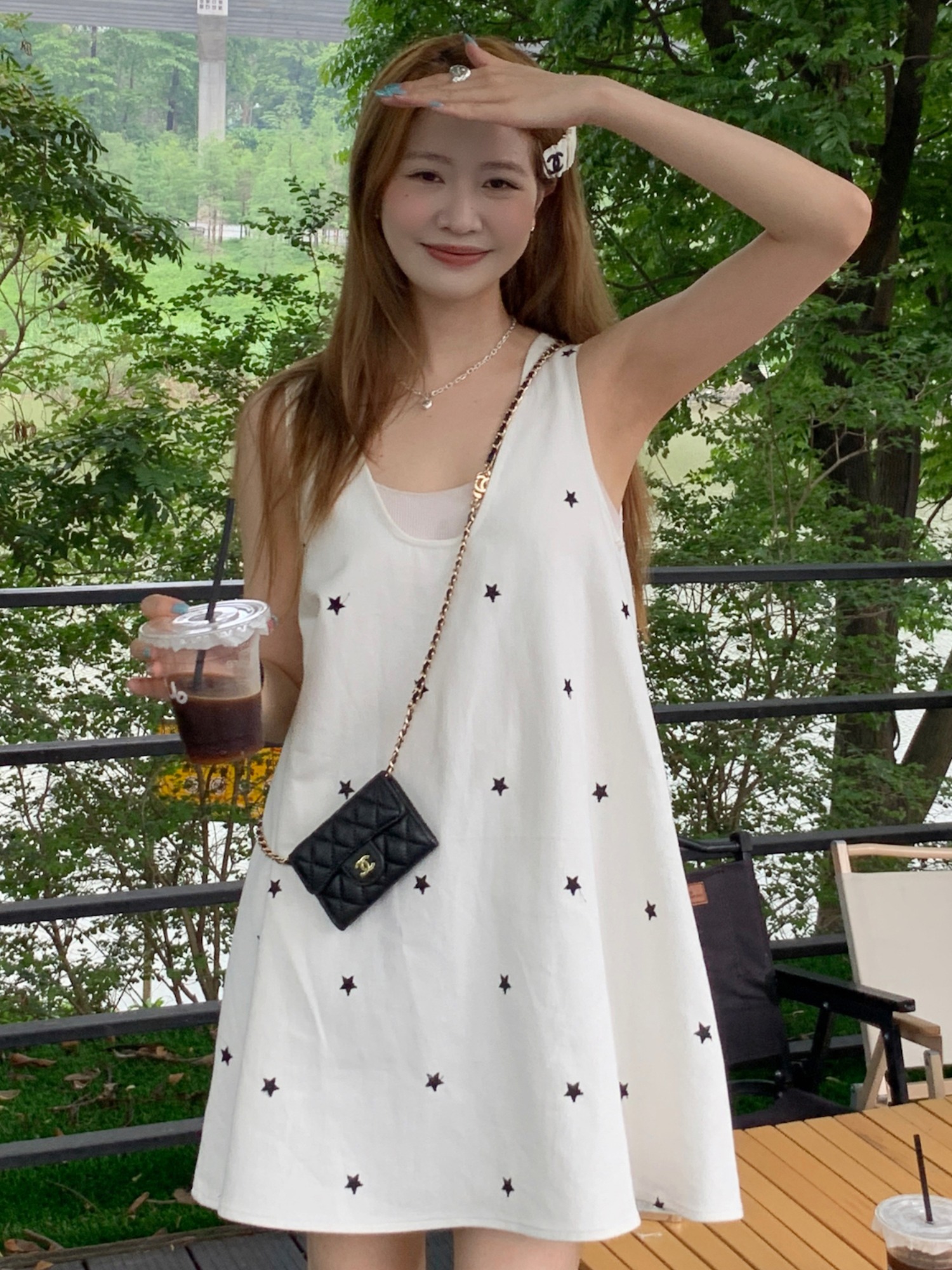 韩国chic夏季小众设计星星刺绣v领无袖背心裙前后两穿牛仔连衣裙