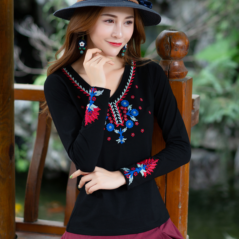 民族风t恤女装修身短袖绣花打底衫刺绣中国风夏季女士大码上衣