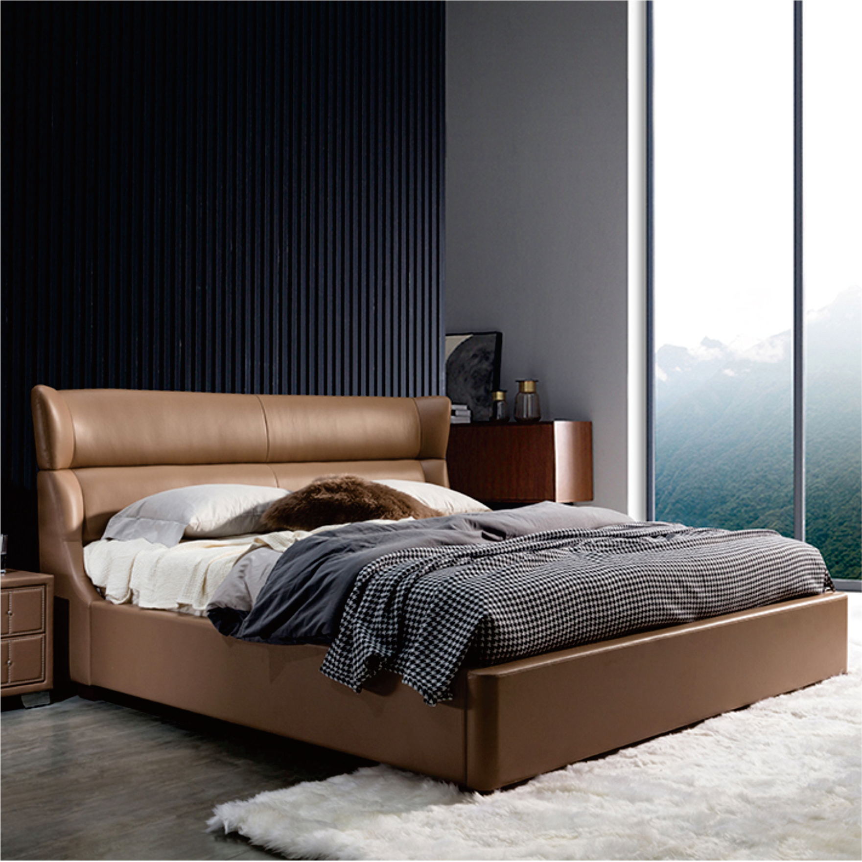 意大利皮床现代简约卧室1.8米双人大床设计师风格北欧软包真皮床