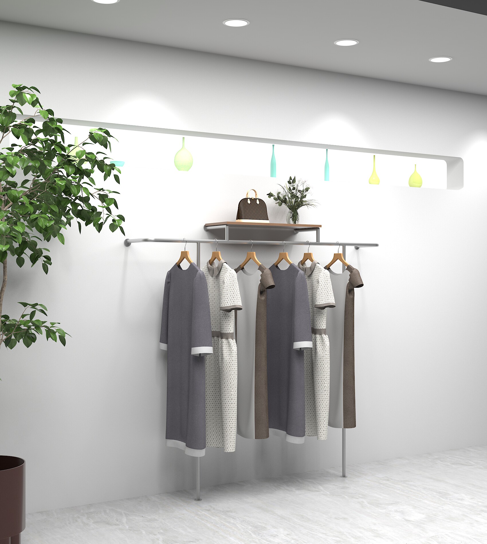 服装店墙壁货架展示架 落地上墙不锈钢 哑光拉丝银色陈列侧挂衣架