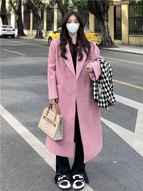 皮粉色毛呢外套