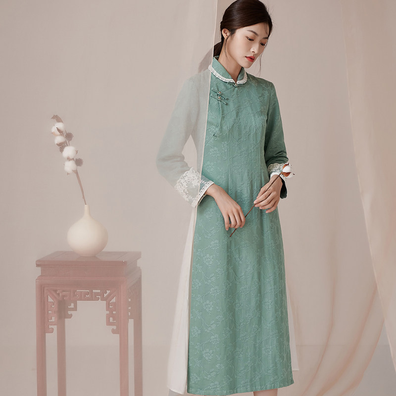 青鸾霓衣云裳新中式春秋棉麻绣花奥黛长裙立领斜襟茶人服连衣裙