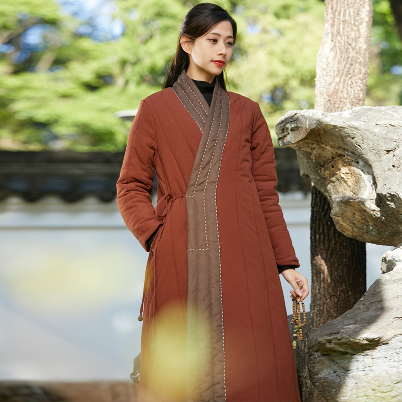 古意 冬季新款咖色棉麻禅意女装加厚汉服棉衣长款大袍子保暖棉袄