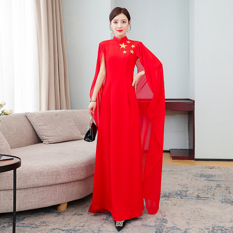 2021新款走秀旗袍红色高端演出服长款中国风合唱团改良连衣裙大袖