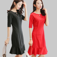 现货实拍韩版中袖宽松气质女裙夏季新款显瘦纯色短袖连衣裙