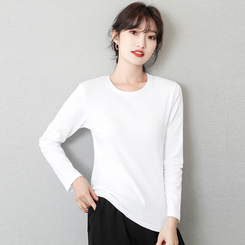 长袖白色t恤女圆领2021春季新款宽松韩版显瘦棉质体恤加绒打底衫