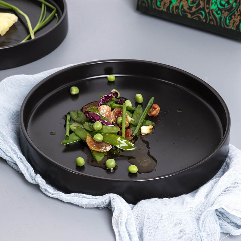 创意西式陶瓷披萨圆盘家用哑光黑色菜盘托盘西餐牛排盘汤盘子餐具