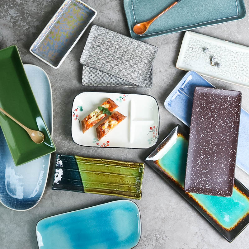 盘子家 创意日式简约冰裂纹陶瓷长条鱼盘海鲜寿司盘小吃方盘餐具