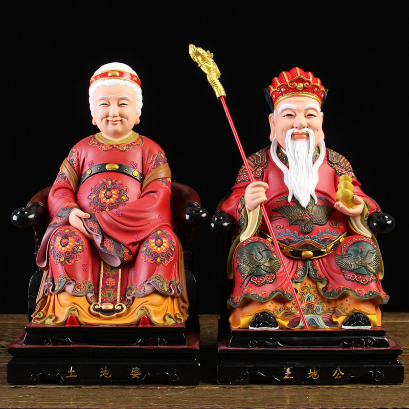 土地公土地婆神像居家供奉家用镇宅彩绘土地公公婆婆佛像树脂摆件