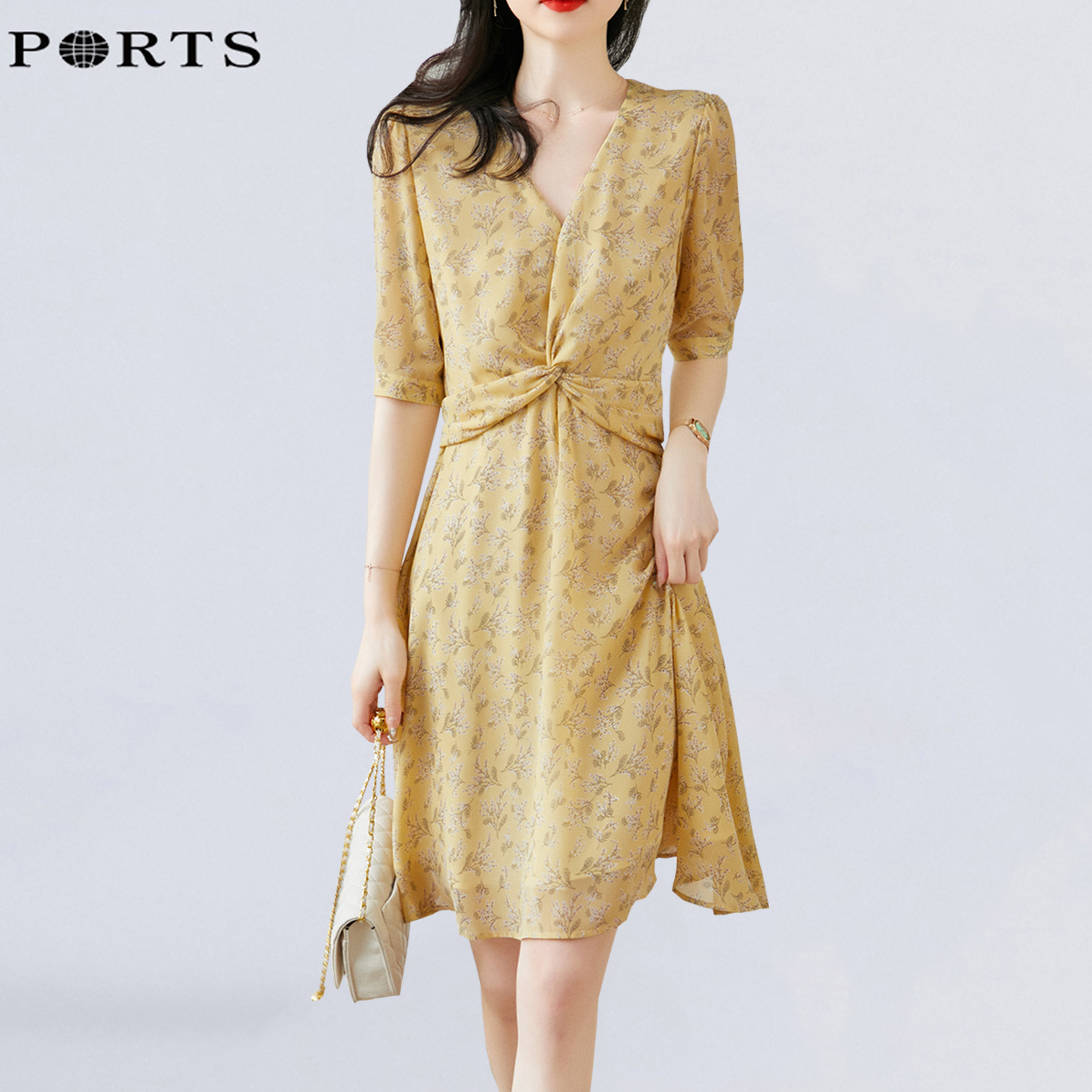 ports/宝姿2022夏季新款雪纺a字裙气质时尚优雅抽褶v领连衣裙女装